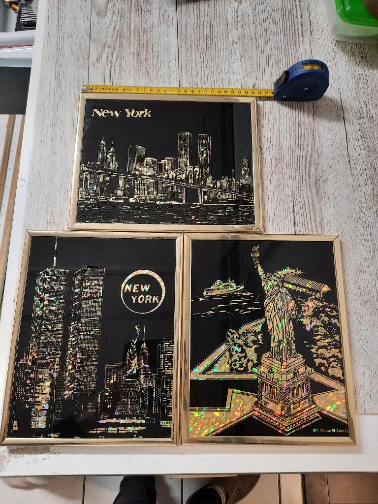 Vintage 3x hologram schilderijen New York zwart metalic, Ophalen of Verzenden, Gebruikt, Minder dan 50 cm, Schilderij