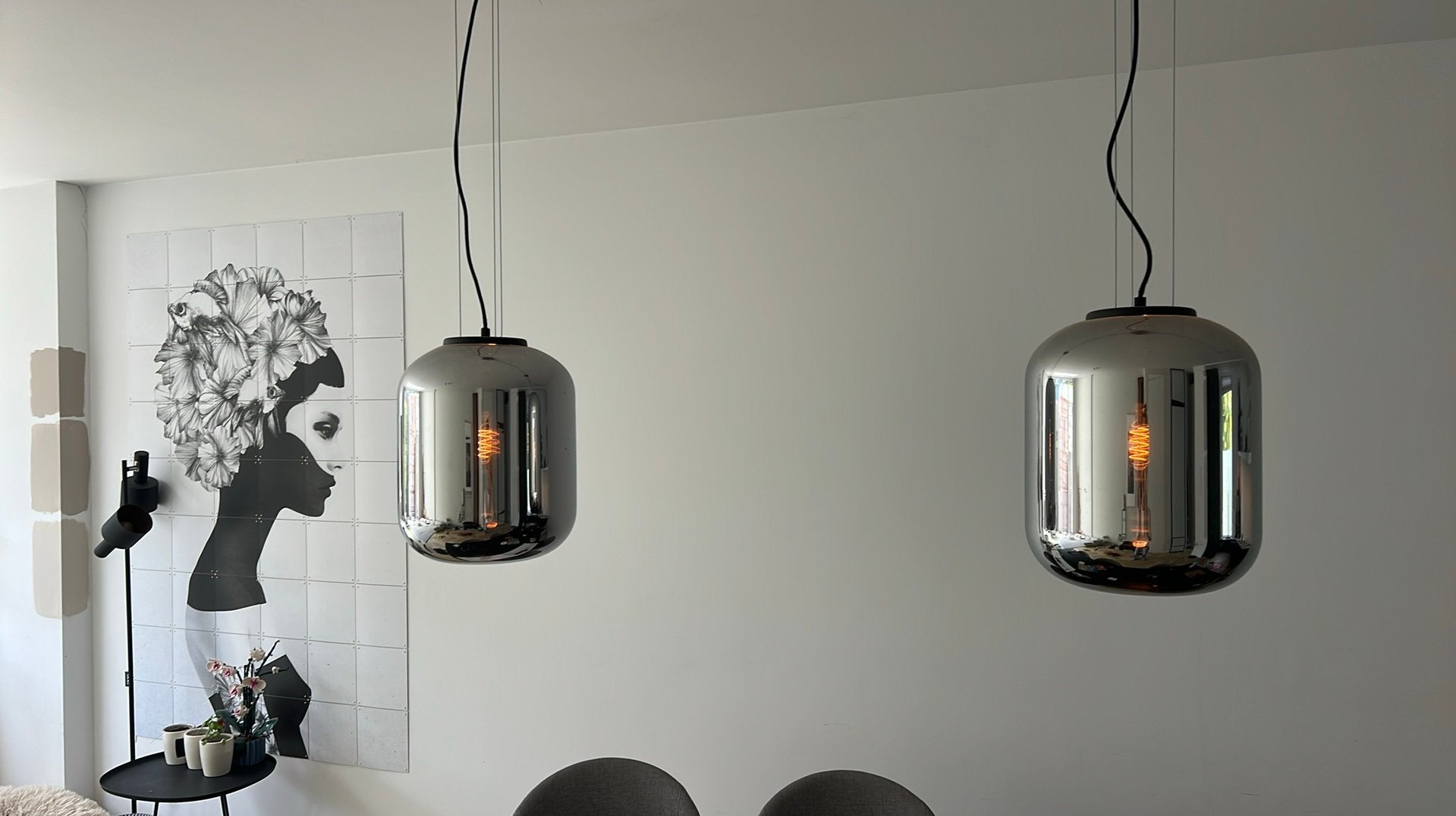 Zilveren hanglampen spiegelglas smoke, Ophalen, Zo goed als nieuw, Glas