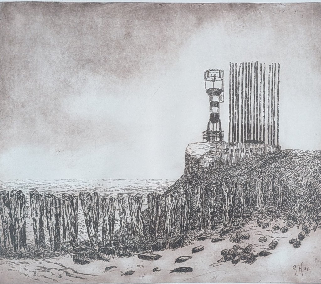 Ets 'Zeezicht Vlissingen met vuurtoren op Nollepunt', Ets, Gesigneerd, Landschap, 2000 tot heden