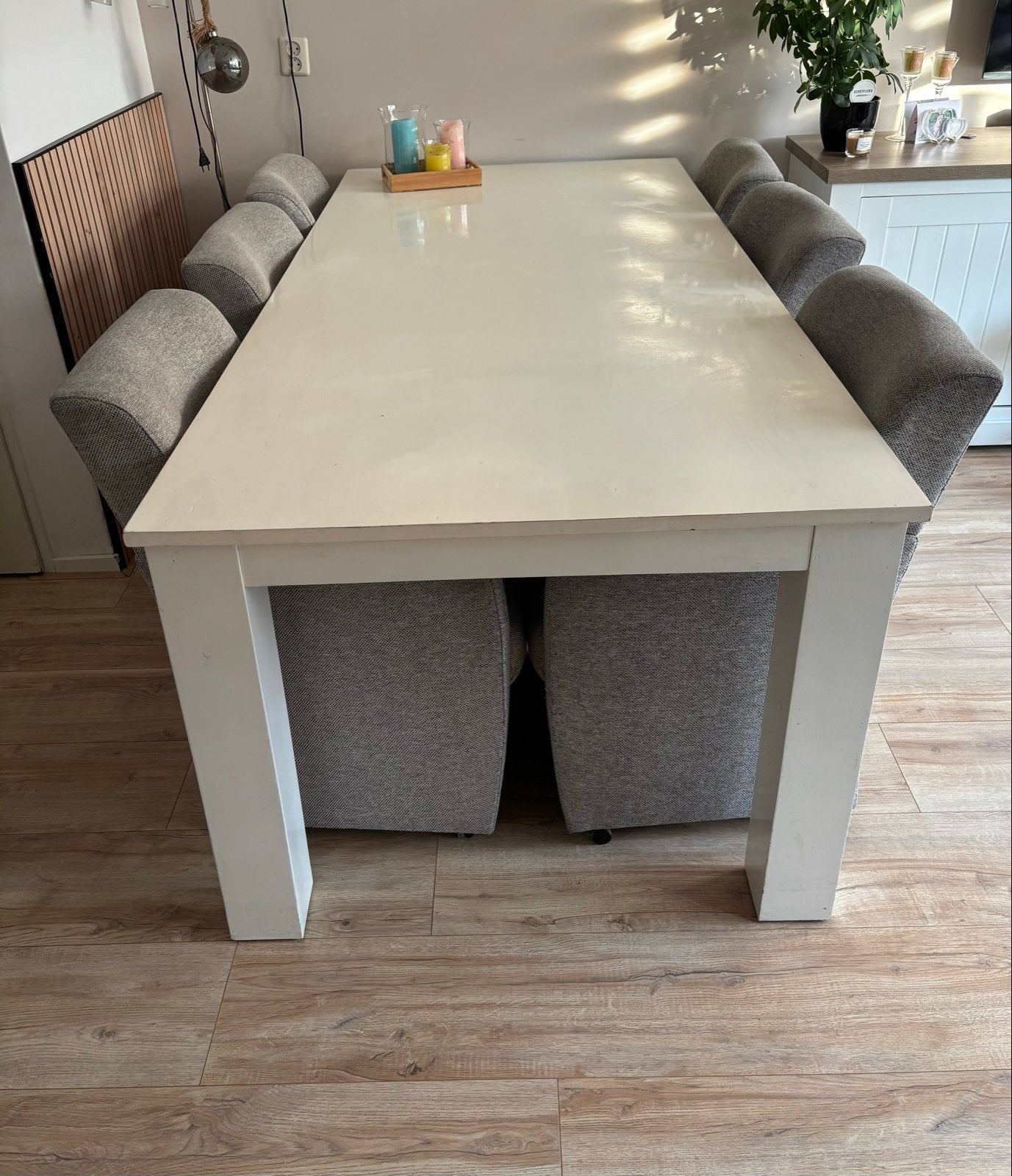Eettafel met 6 stoelen op wieltjes, Ophalen, Gebruikt, 50 tot 100 cm, Vijf personen of meer