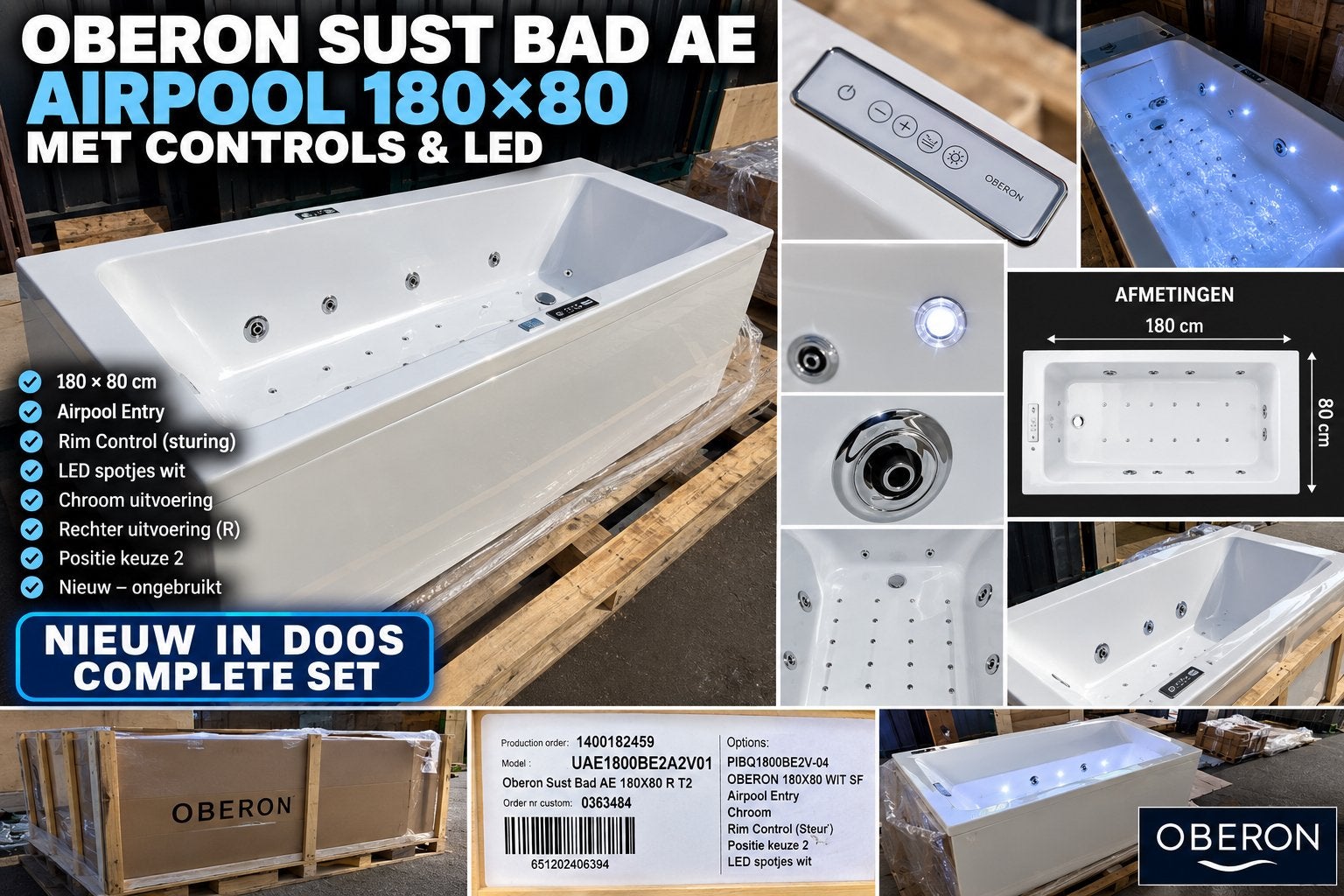 NIEUW Oberon Airpool 180x80 – Whirlpool – LED – Rim Control, Ophalen, Nieuw, Chroom, Bad