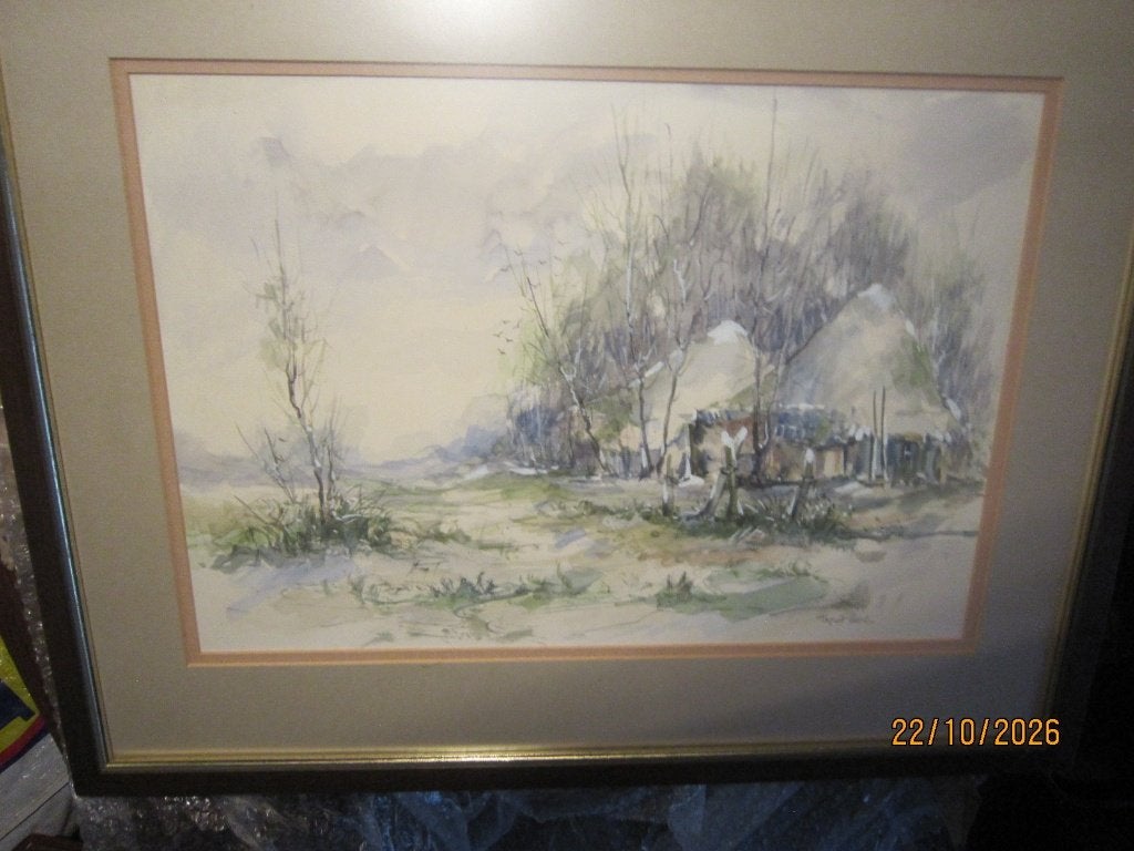THEO v/d Poel (scheen ) Mooie IMPRESN Aquarel BOERDERIJ, Ophalen, Impressionistisch, Landschap, Aquarel