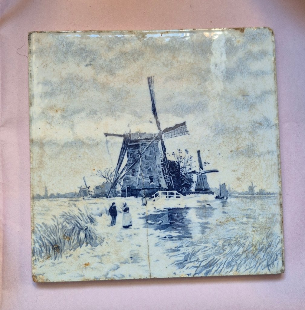 Vintage Delfts blauwe tegel-molen-oud-Hollandse voorstelling, Ophalen of Verzenden