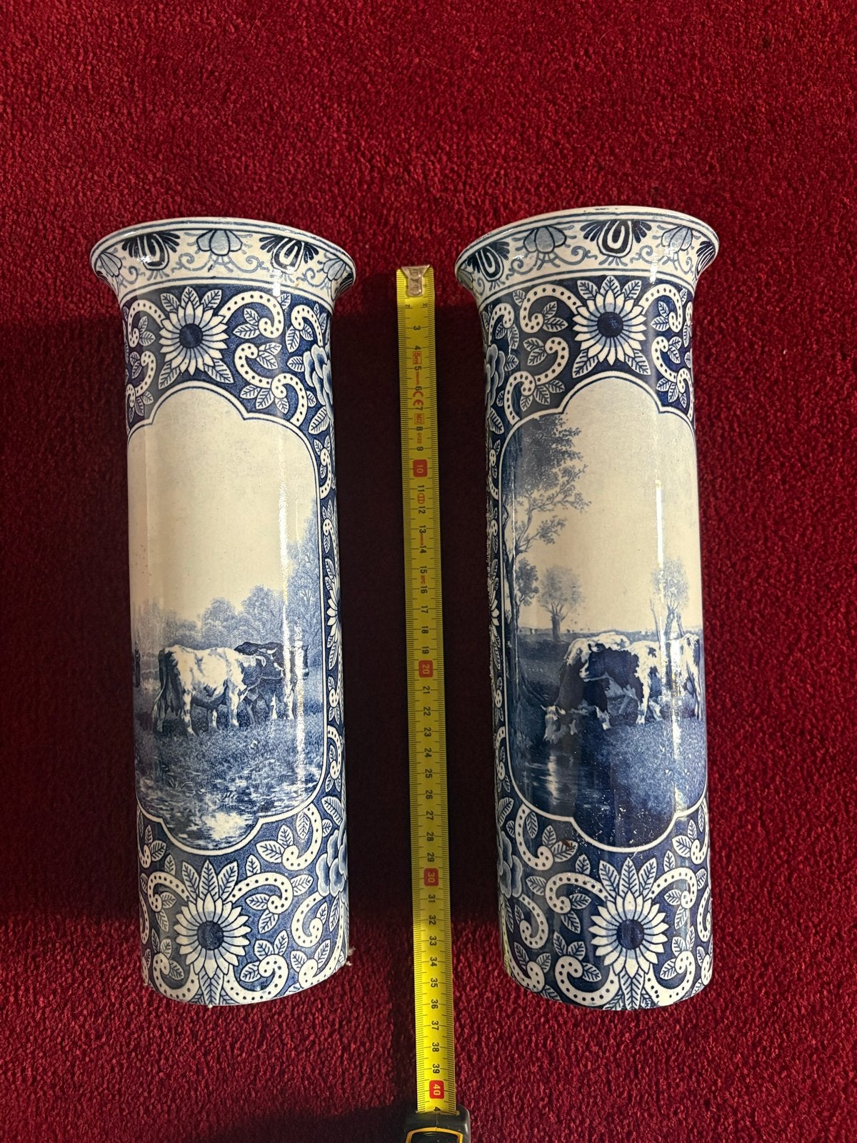 Set van 2 antieke Delfts blauwe vazen met koeien, Ophalen of Verzenden