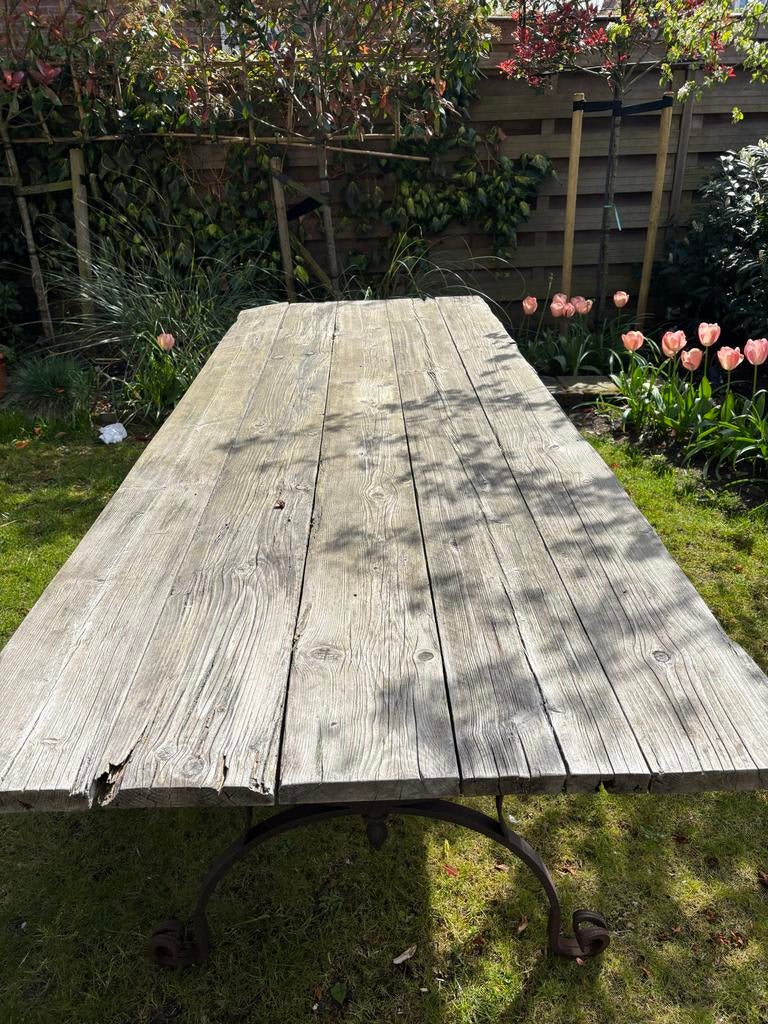 Steigerhouten eettafel voor buiten, prachtig onderstel, Tuin en Terras, Tuintafels, Ophalen, Zo goed als nieuw, Rechthoekig, Hout