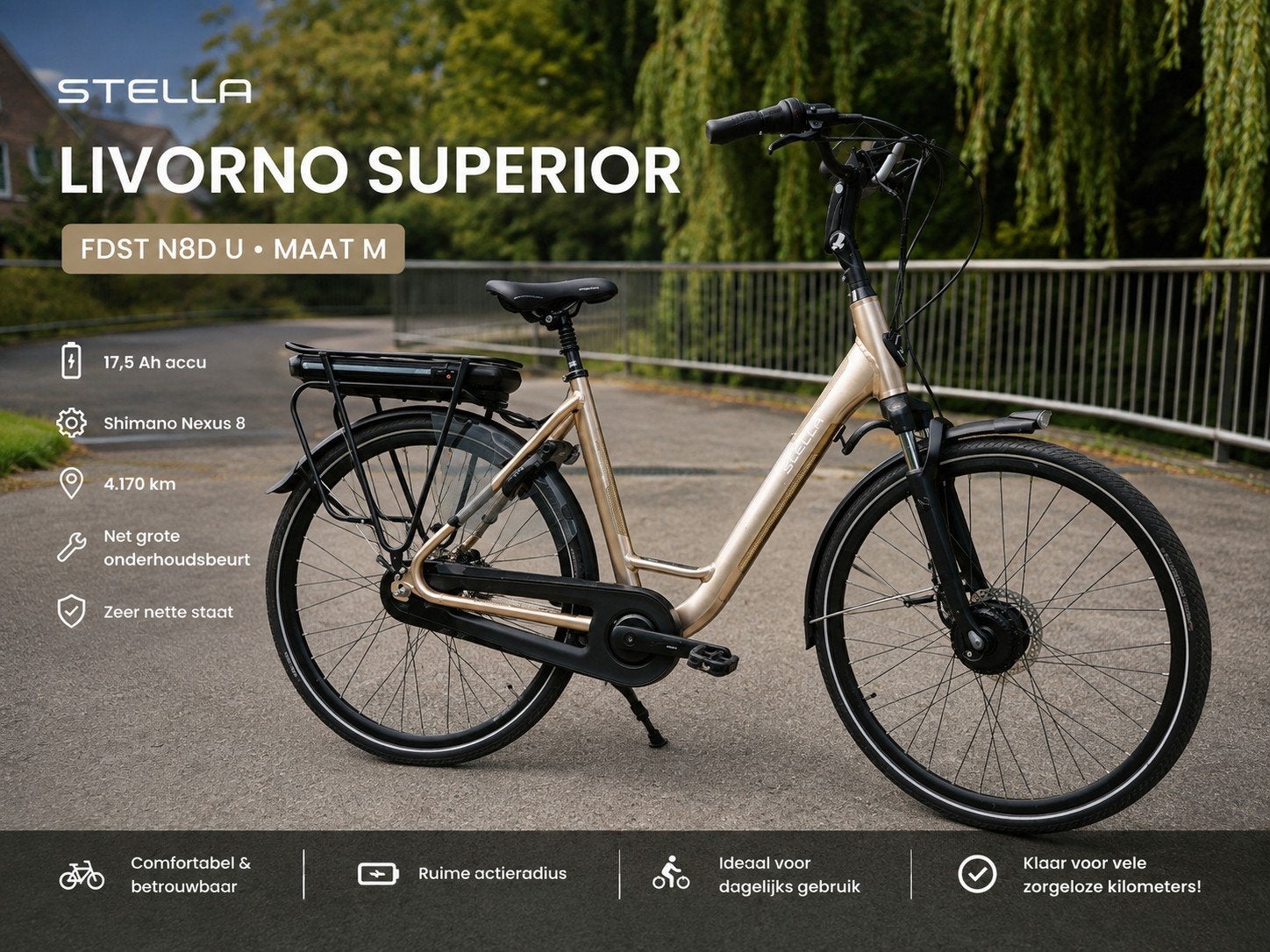 Ebike Stella Livorno Gold FDST N8 U M 4170KM 17,5AH ACCU, Fietsen en Brommers, Fietsen | Dames | Damesfietsen, Ophalen of Verzenden