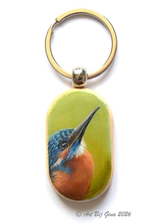 IJsvogeltje hand geschilderd op een houten sleutelhanger, Ophalen of Verzenden