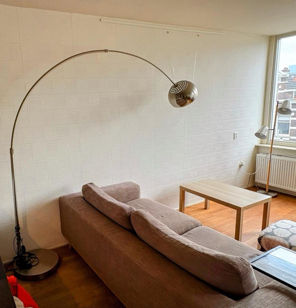 Grote staande booglamp - Volledig RVS met zware voet, Huis en Inrichting, Lampen | Vloerlampen, Ophalen, Zo goed als nieuw, Metaal