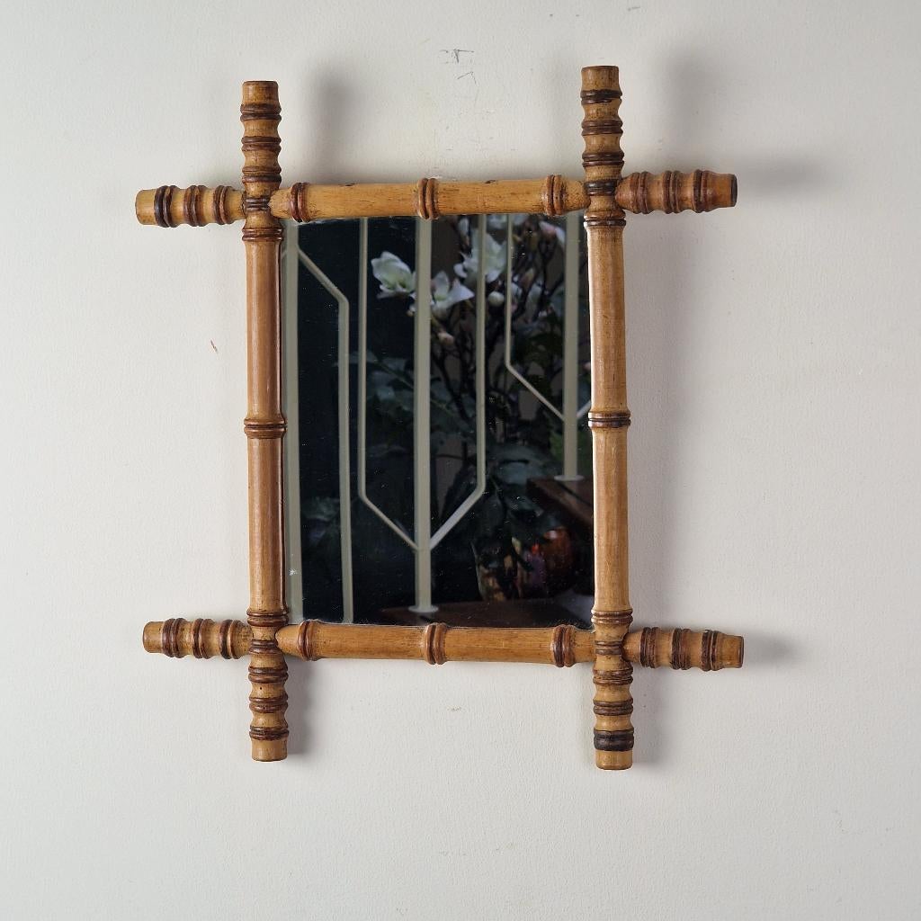 Vintage rechthoekige houten "faux bamboo" spiegel, Ophalen of Verzenden, Rechthoekig, 50 tot 100 cm, Minder dan 100 cm