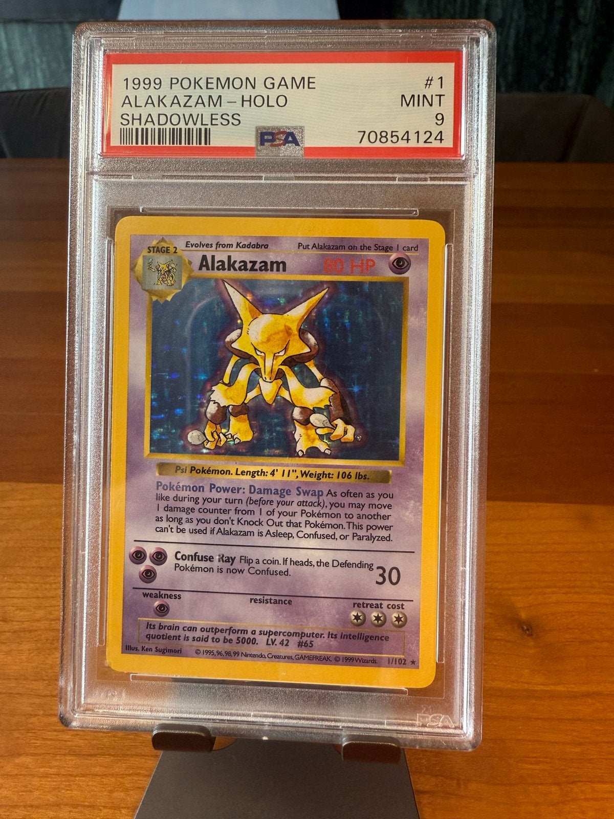 Alakazam (Shadowless) #1 - Base Set (1999) - PSA 9, Ophalen of Verzenden, Zo goed als nieuw, Losse kaart, Foil