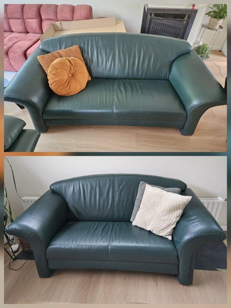 Vintage groene leren banken set van Montèl, Ophalen, Gebruikt, 150 tot 200 cm, Vintage