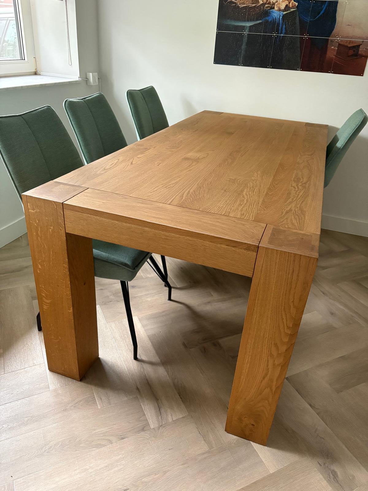 Massief eiken eettafel 200x90 cm, blokpoten, goede staat