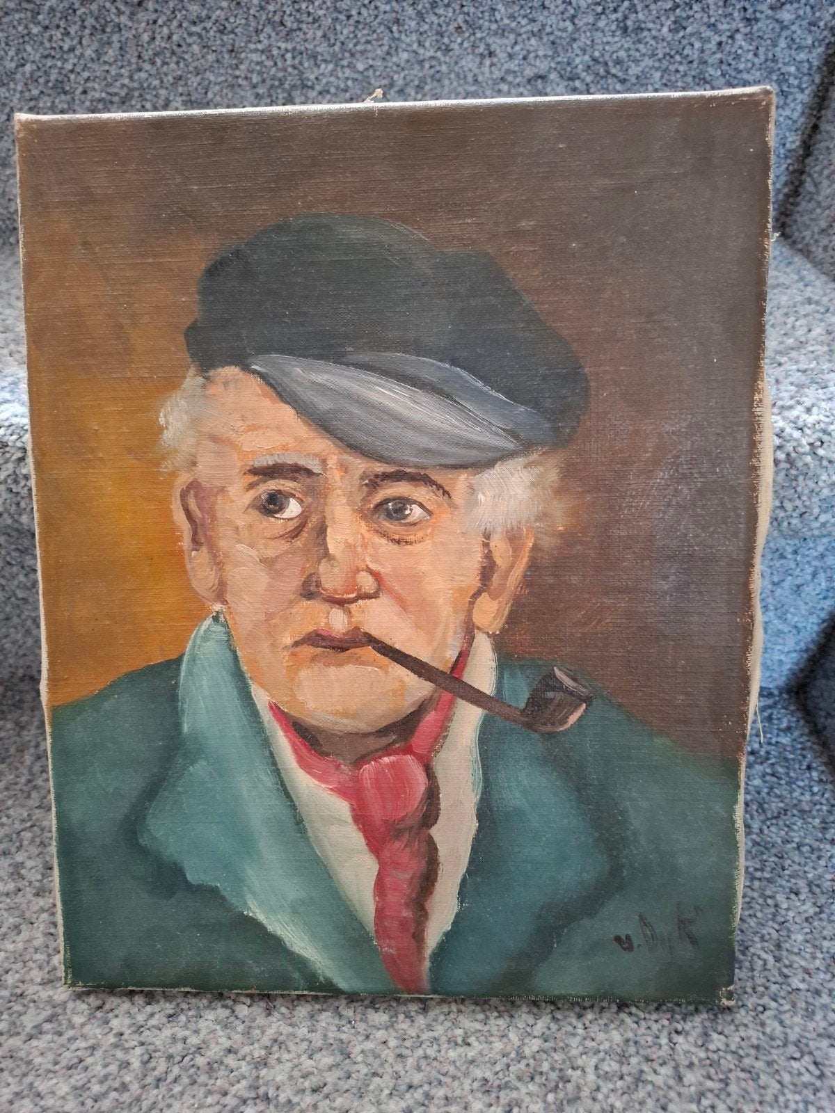 Olieverfschilderij: Man met pijp, 31x24 cm, Origineel werk, Doek, Portret of Personen, Realistisch