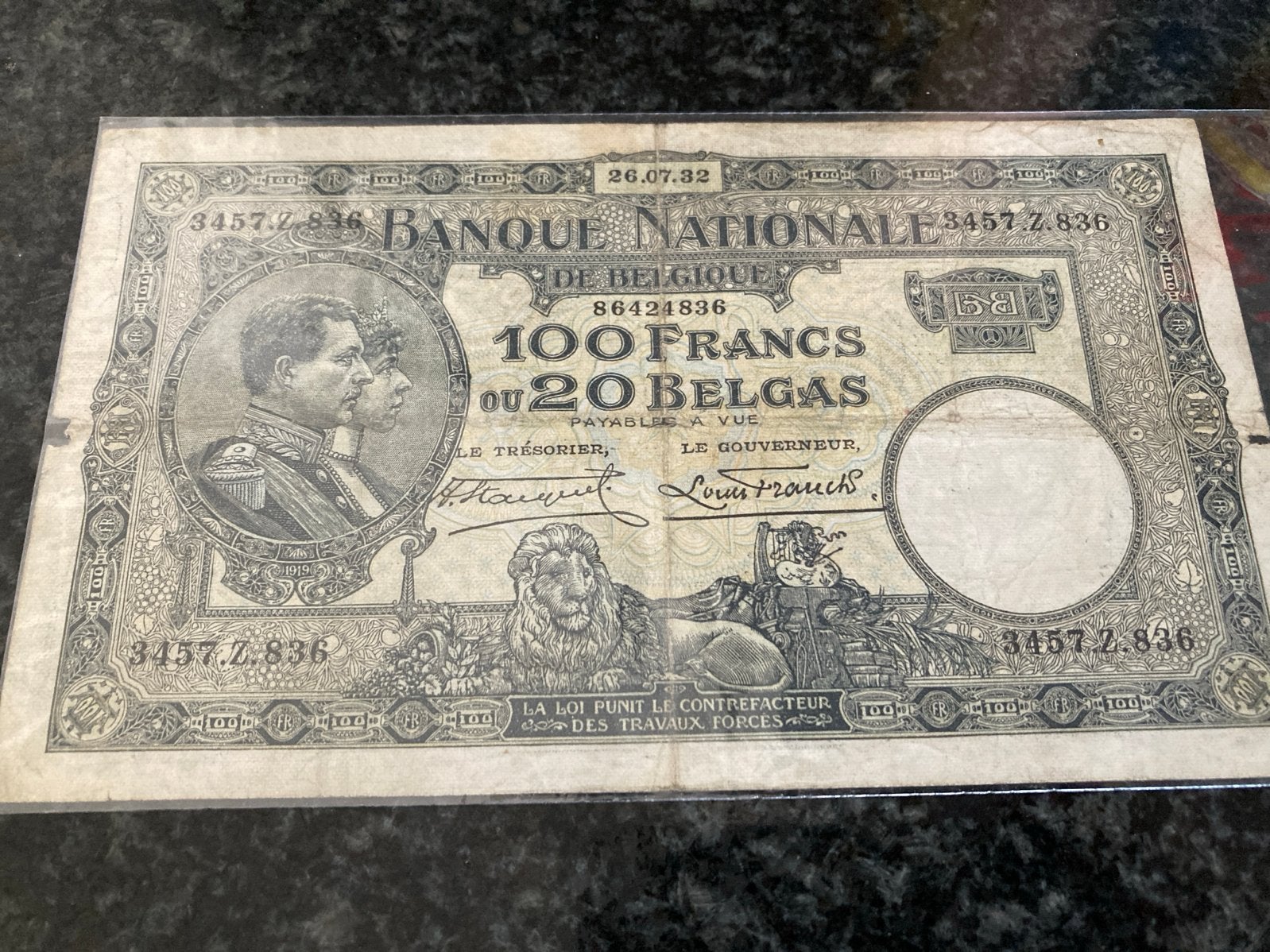 Zeldzaam Belgisch bankbiljet 100 Frank / 20 Belgas 1932, Postzegels en Munten, Bankbiljetten | België, Ophalen of Verzenden, Los biljet