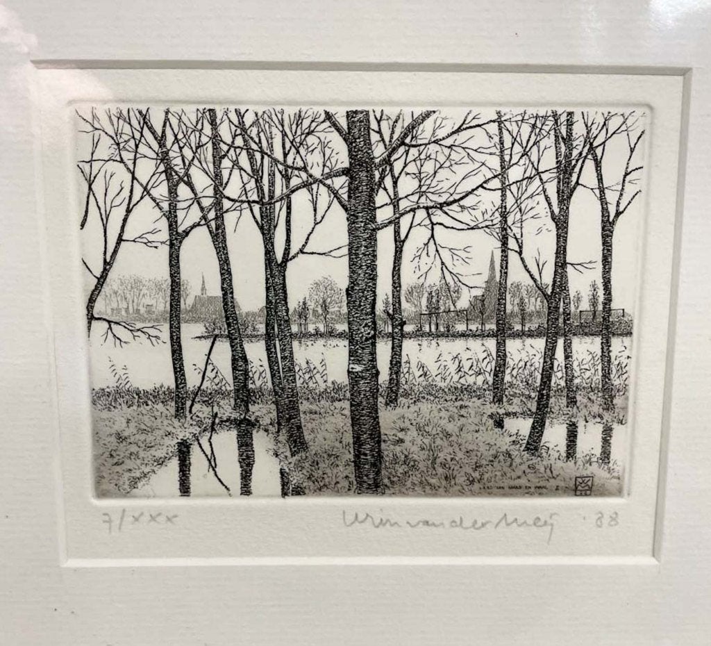 Wim van der Meij - ets door bomen zicht op kerktoren, Antiek en Kunst, Ophalen of Verzenden, Flora en Fauna, 10 cm, 1950 - 1999