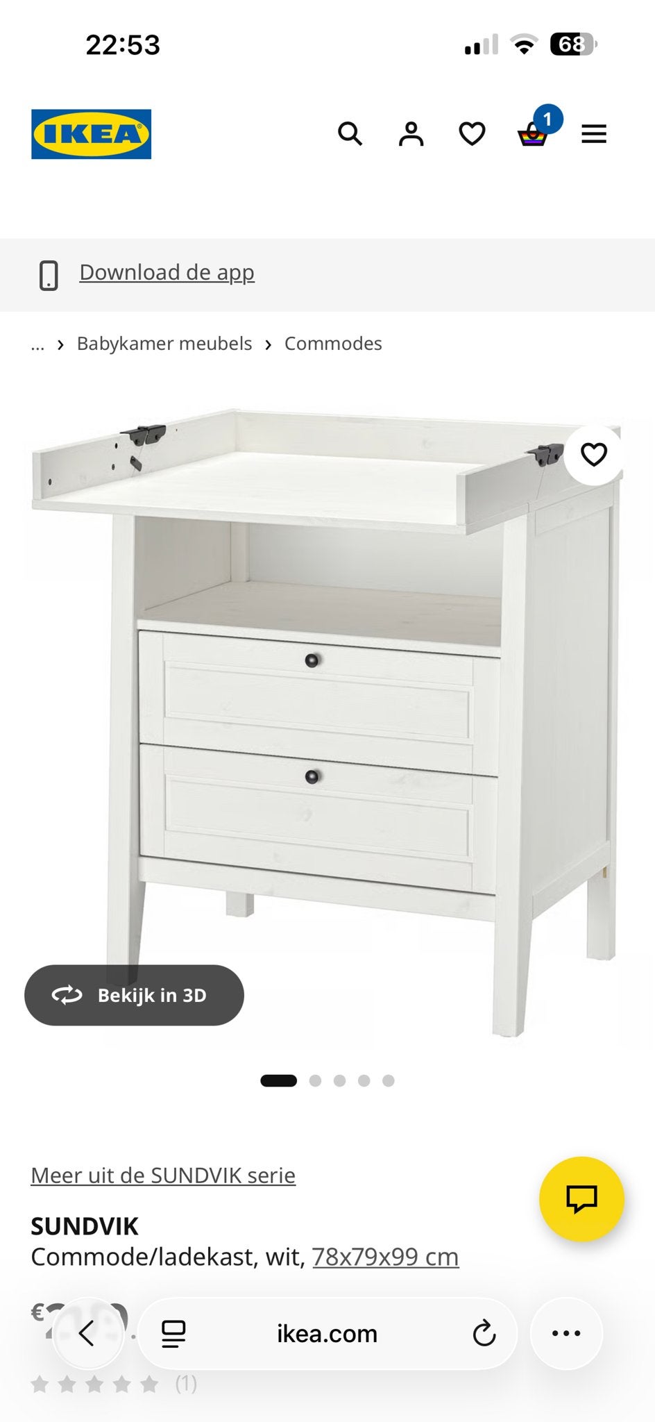 IKEA SUNDVIK Commode/ladekast, wit, Ophalen, Gebruikt, 70 cm of meer, 105 cm of meer