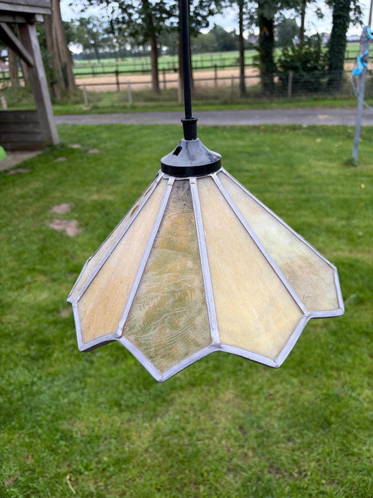 Vintage Tiffany Stijl Hanglamp E27 - Geel Glas, Antiek en Kunst, Antiek | Lampen, Ophalen of Verzenden