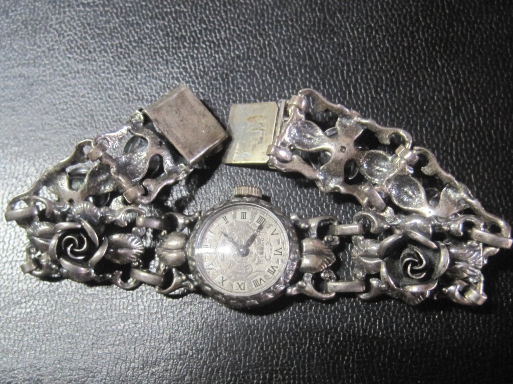 Vintage INDUS zilveren band zilveren kast 17,5 cm, Leer, Polshorloge, Zo goed als nieuw, Zilver