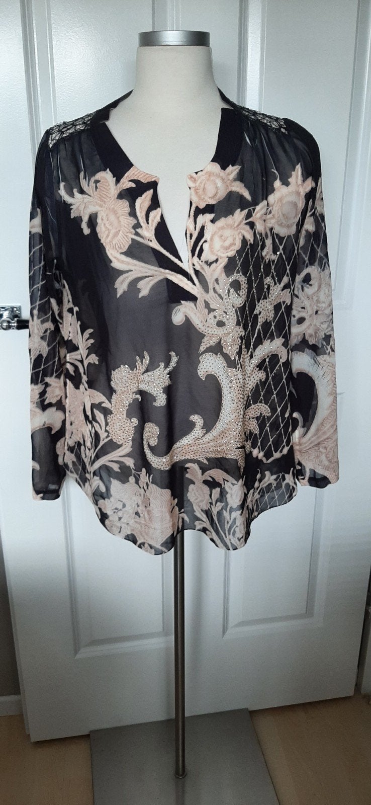 zwart/ beige gebloemde blouse mt L, Zwart, Maat 42/44 (L), Missy, Ophalen of Verzenden