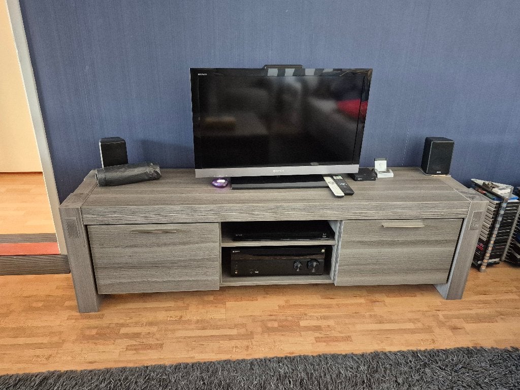 Tv kast grijs massief hout, Ophalen, 150 tot 200 cm, Zo goed als nieuw, Minder dan 100 cm