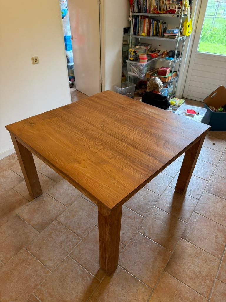 Teakhouten tafel 120x120, Ophalen of Verzenden, Zo goed als nieuw, Vier personen, 100 tot 150 cm