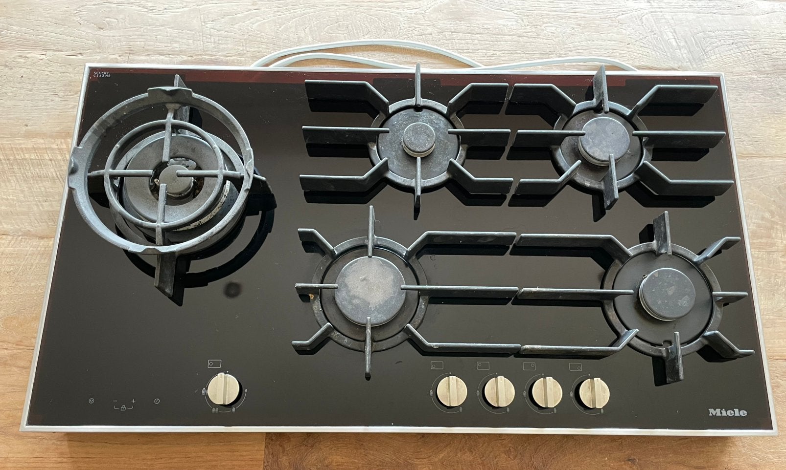 Luxe Miele gaskookplaat (94cm, gas-op-glas, 5-pits met wok), Witgoed en Apparatuur, Kookplaten, Ophalen, Zo goed als nieuw, Inbouw