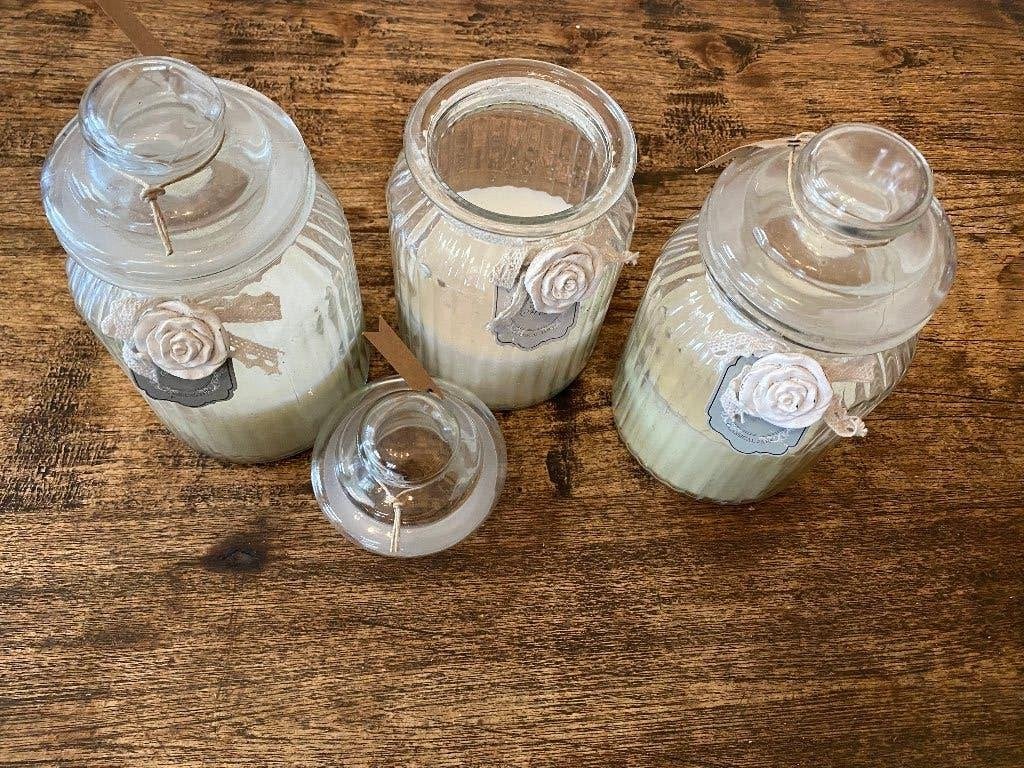 Brocante, romantische kaarsen in glazen pot - roomwit, Overige merken, Nieuw, Ophalen of Verzenden, Glas