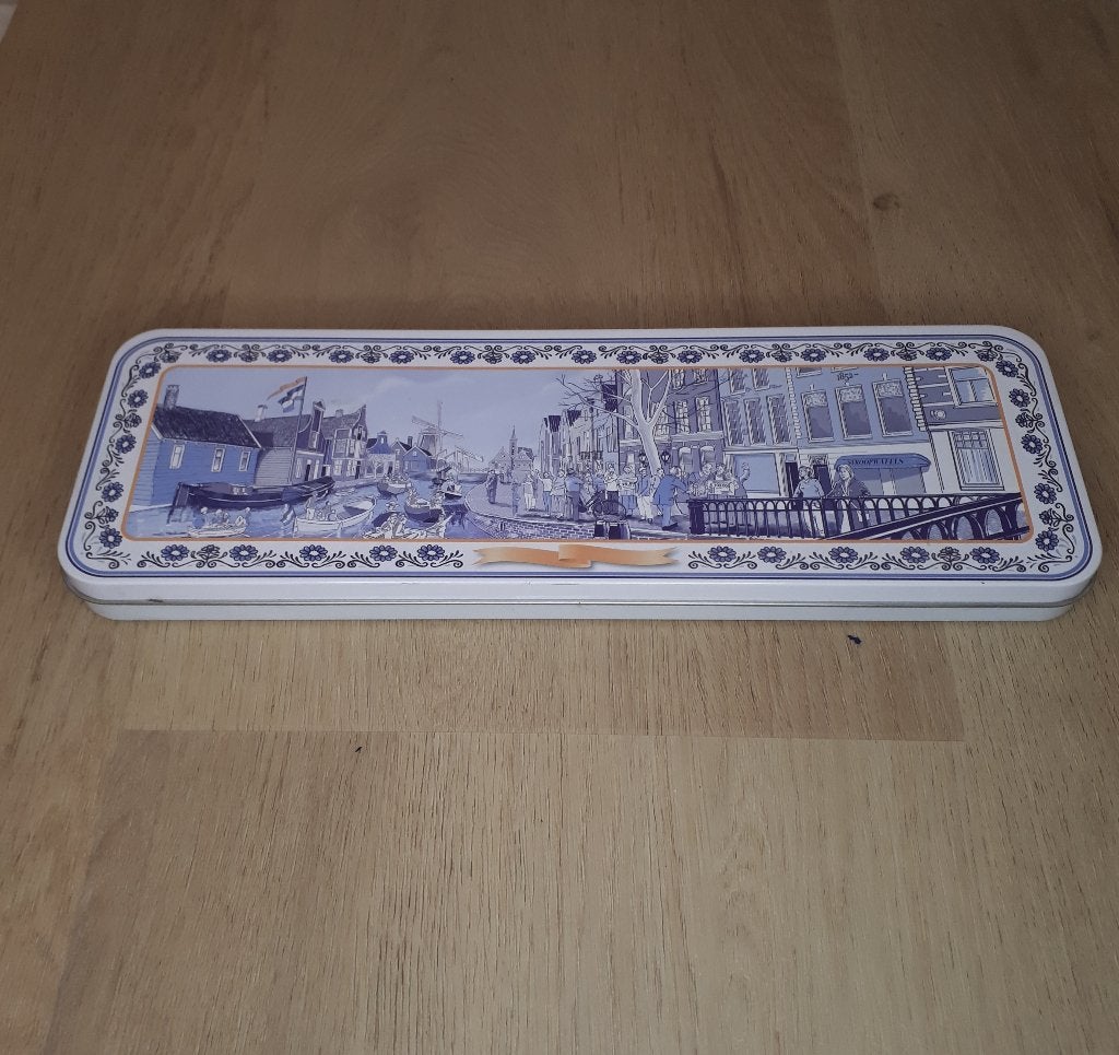 Rechthoekig stroopwafelblik met Hollands motief, Verzamelen, Ophalen of Verzenden, Zo goed als nieuw, Koek(jes), Overige merken