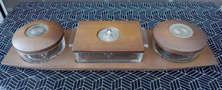 Vintage houten dienblad met glazen potjes, Verzamelen, Ophalen, Huis en Inrichting