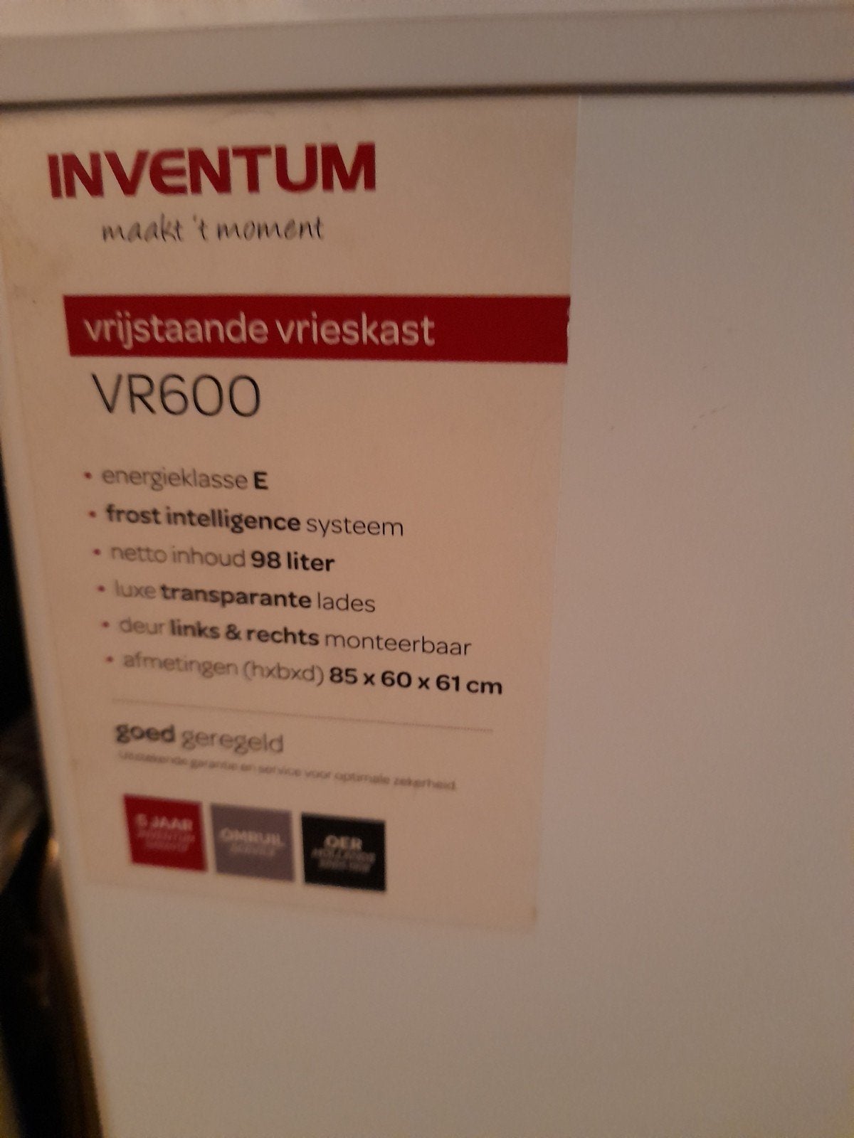 Inventum VR600 Vrieskastje met 4 laden - Zo goed als nieuw, Ophalen