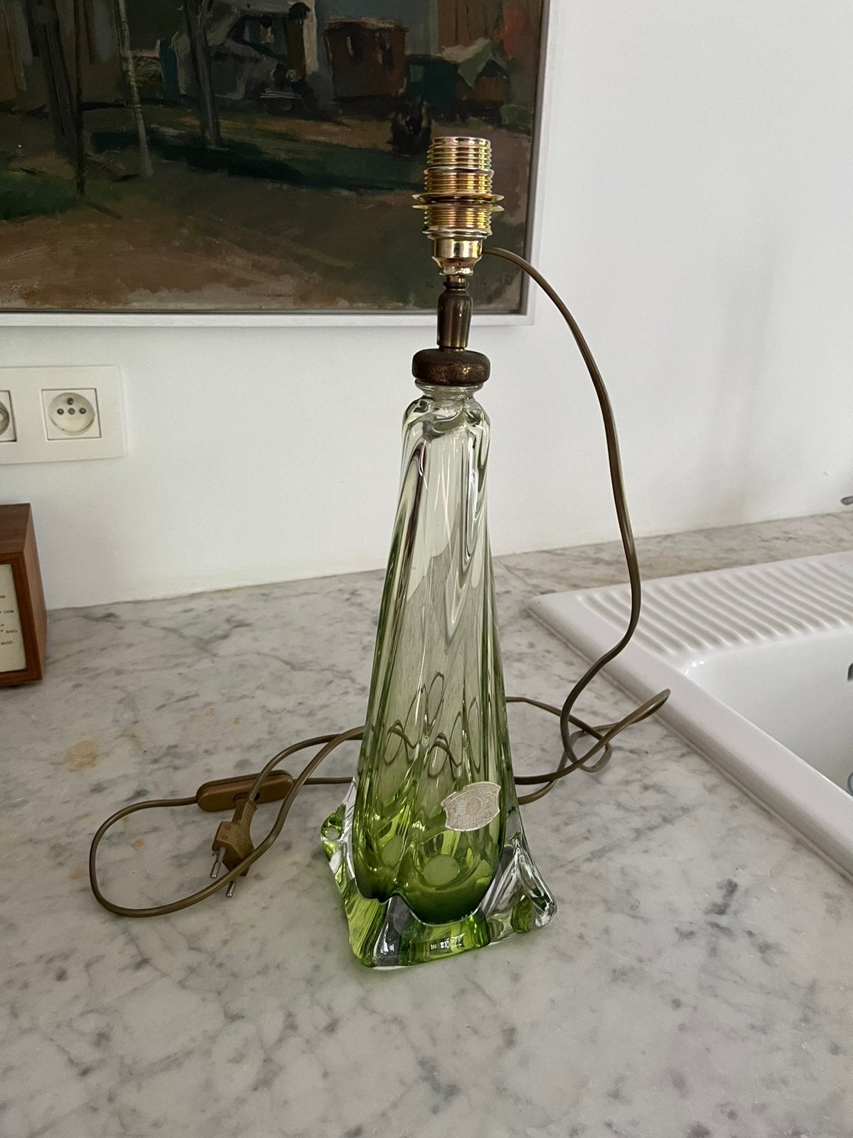 VINTAGE RETRO LAMPENVOET KRISTAL VAL ST LAMBERT GROEN, Ophalen of Verzenden