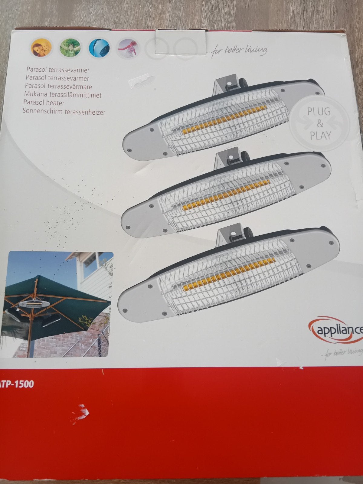 Nieuw in doos: 3x Elektrische terrasverwarmer voor parasol, Ophalen of Verzenden, Nieuw, Elektrisch, Parasol