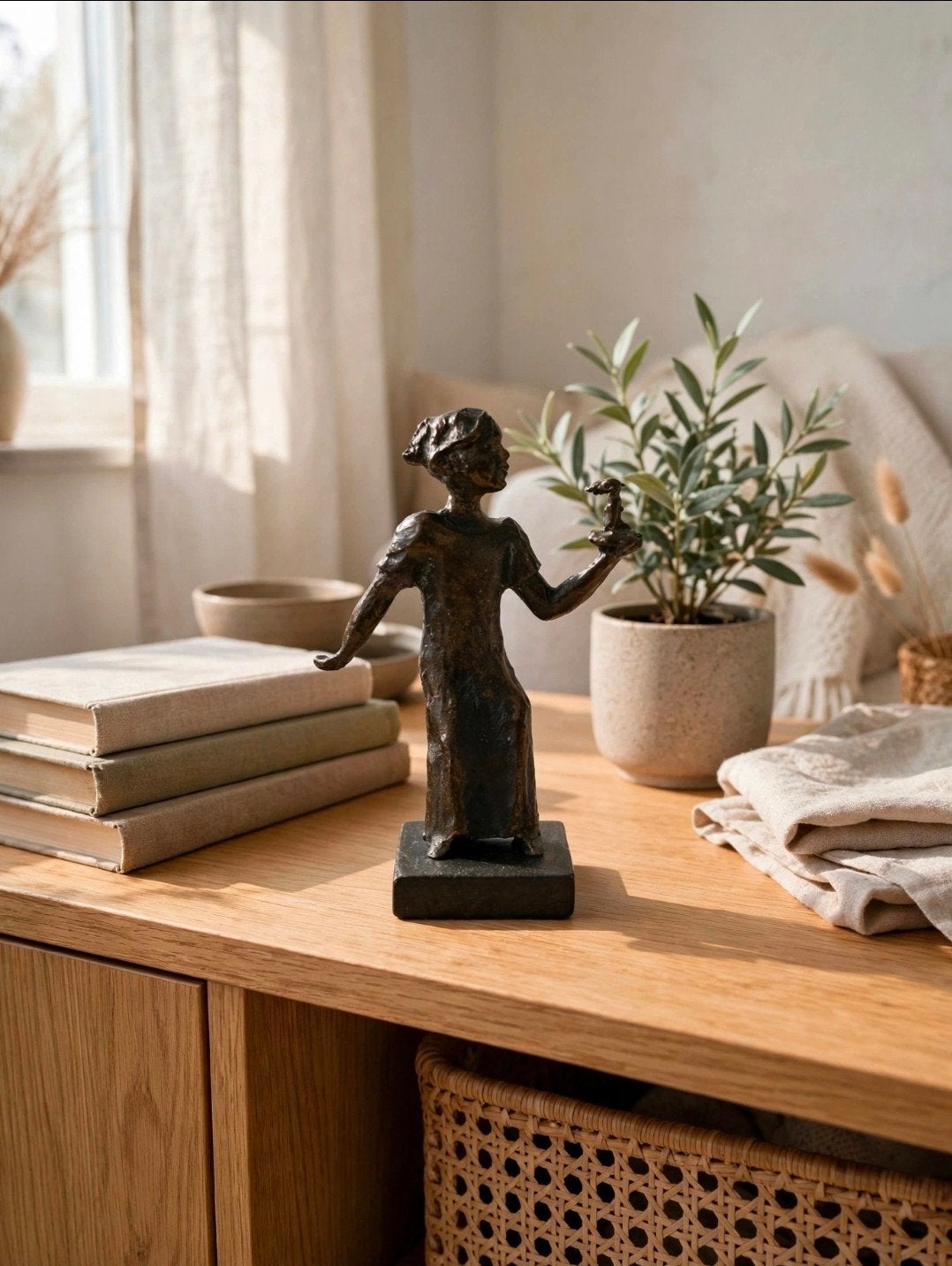 Klein Bronzen Beeldje Meisje met Vogeltje - Vrijheid - Kunst, Ophalen of Verzenden, Brons