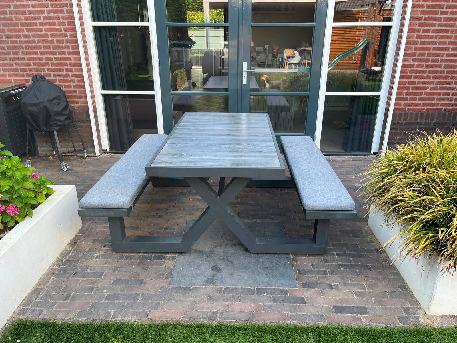 Picknicktafel met keramiek tafelblad en kussens 160cm, Tuin en Terras, Ophalen, Zo goed als nieuw, Rechthoekig, Hout