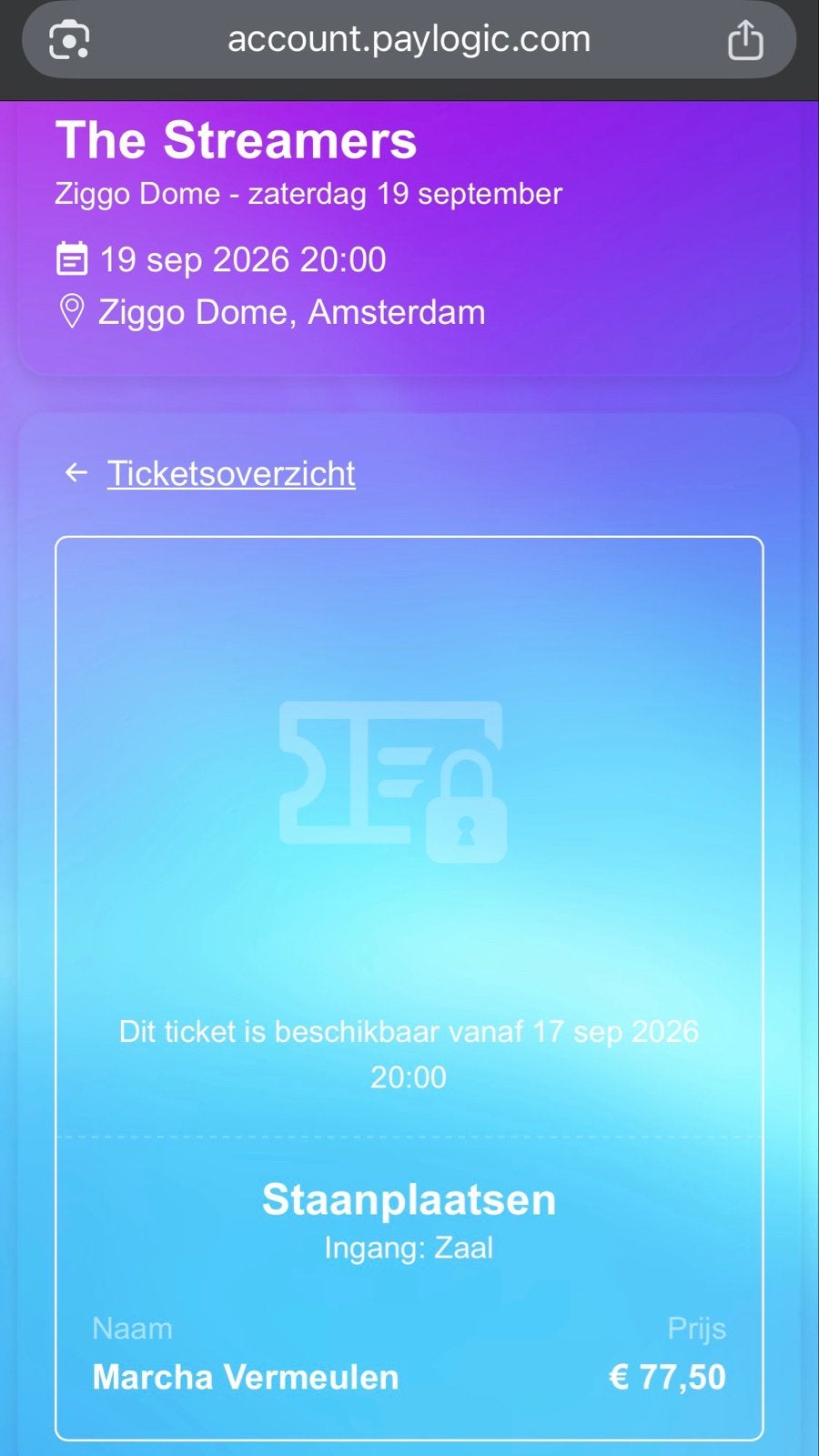 1 Ticket The Streamers 19 sept 2026 20:00, staanplaats, Eén persoon, September