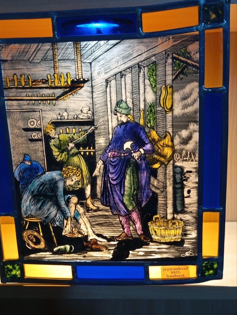 Glas in lood paneel met ambachtelijke voorstelling, Minder dan 50 cm, Gebruikt, Overige typen, Ophalen of Verzenden