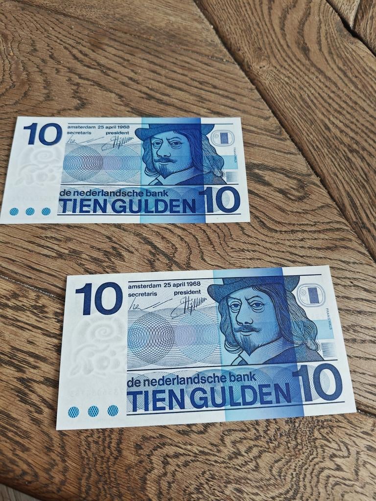 Twee ongevouwen 10 gulden biljetten 'Frans Hals', Postzegels en Munten, Bankbiljetten | Nederland, Ophalen of Verzenden
