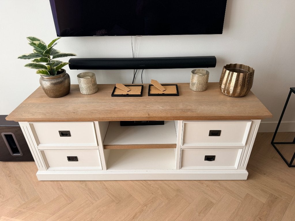 Richmond tv kast 165 breed 50 diep 60 cm hoog, Ophalen, 150 tot 200 cm, Eikenhout, Zo goed als nieuw