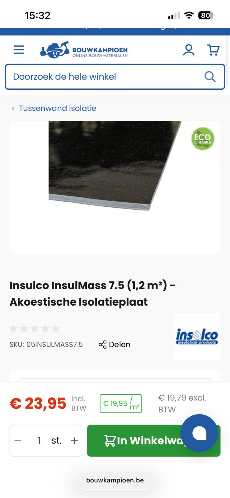 Insulco InsulMass 7.5 (1,2 m²) - Akoestische Isolatieplaat, Doe-het-zelf en Verbouw, Overige materialen, Nieuw, 5 tot 10 m², Vloerisolatie