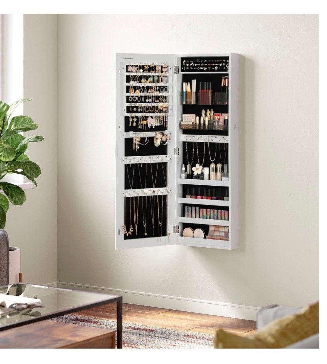 Sieradenkast met spiegel - Wandmontage - Wit, Minder dan 50 cm, Songmics, 100 tot 150 cm, Nieuw
