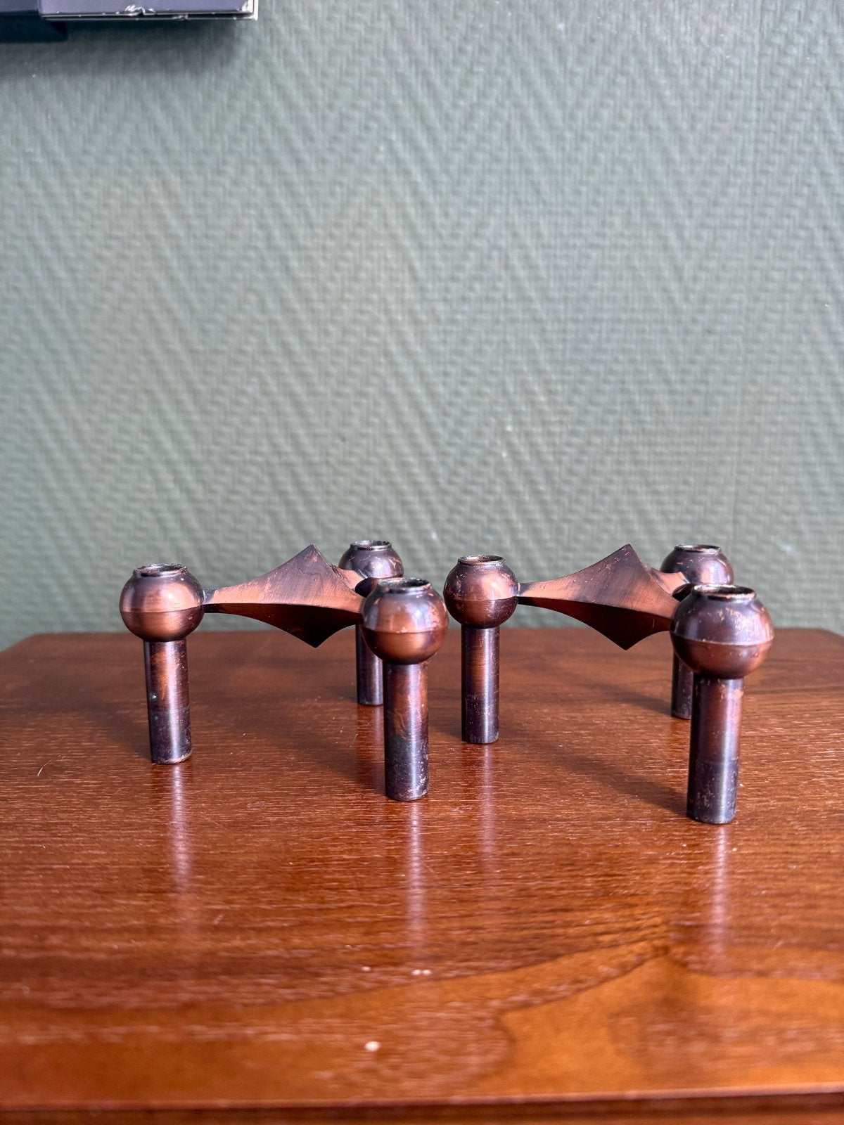 Vintage Stoff Nagel kandelaar (2 stuks), Antiek en Kunst, Ophalen of Verzenden, Koper of Brons