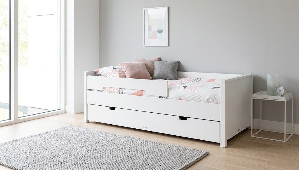 Bopita Jonne Bed 90x200 met uitvalbeschermers en logeerlade, Ophalen, 85 tot 100 cm, Gebruikt, Lattenbodem