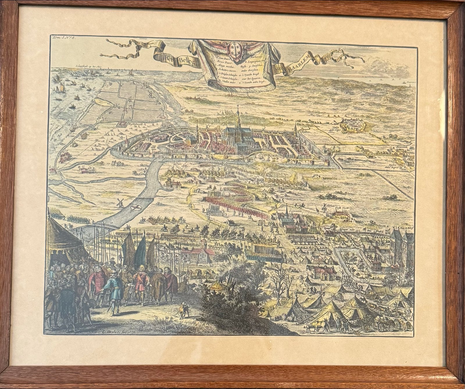 Antiek Historische kaart Beleg van Haarlem kleuren gravure, Handgekleurd, Militair, Gravure, 1600 - 1699