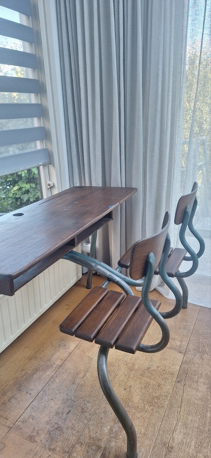 Vintage schoolbank met 2 vaste stoelen, Huis en Inrichting, Ophalen, Gebruikt