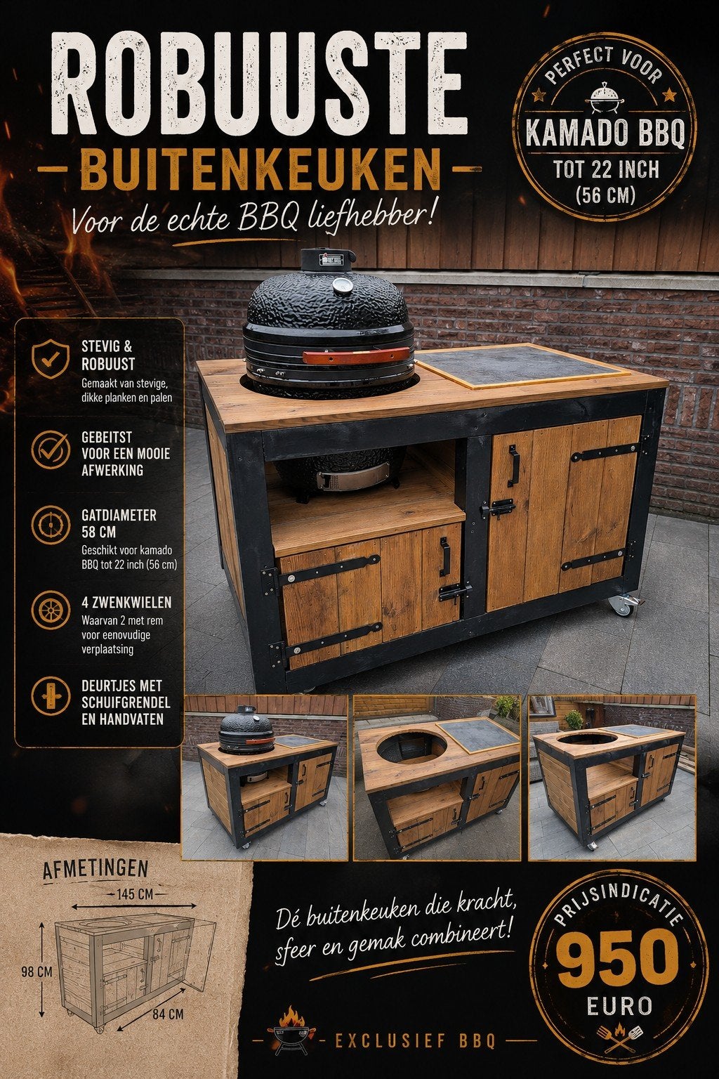 TE KOOP NIEUWE ROBUUSTE BUITENKEUKEN VOOR KAMADO BBQ  !!!, Ophalen, Nieuw, Houtskool