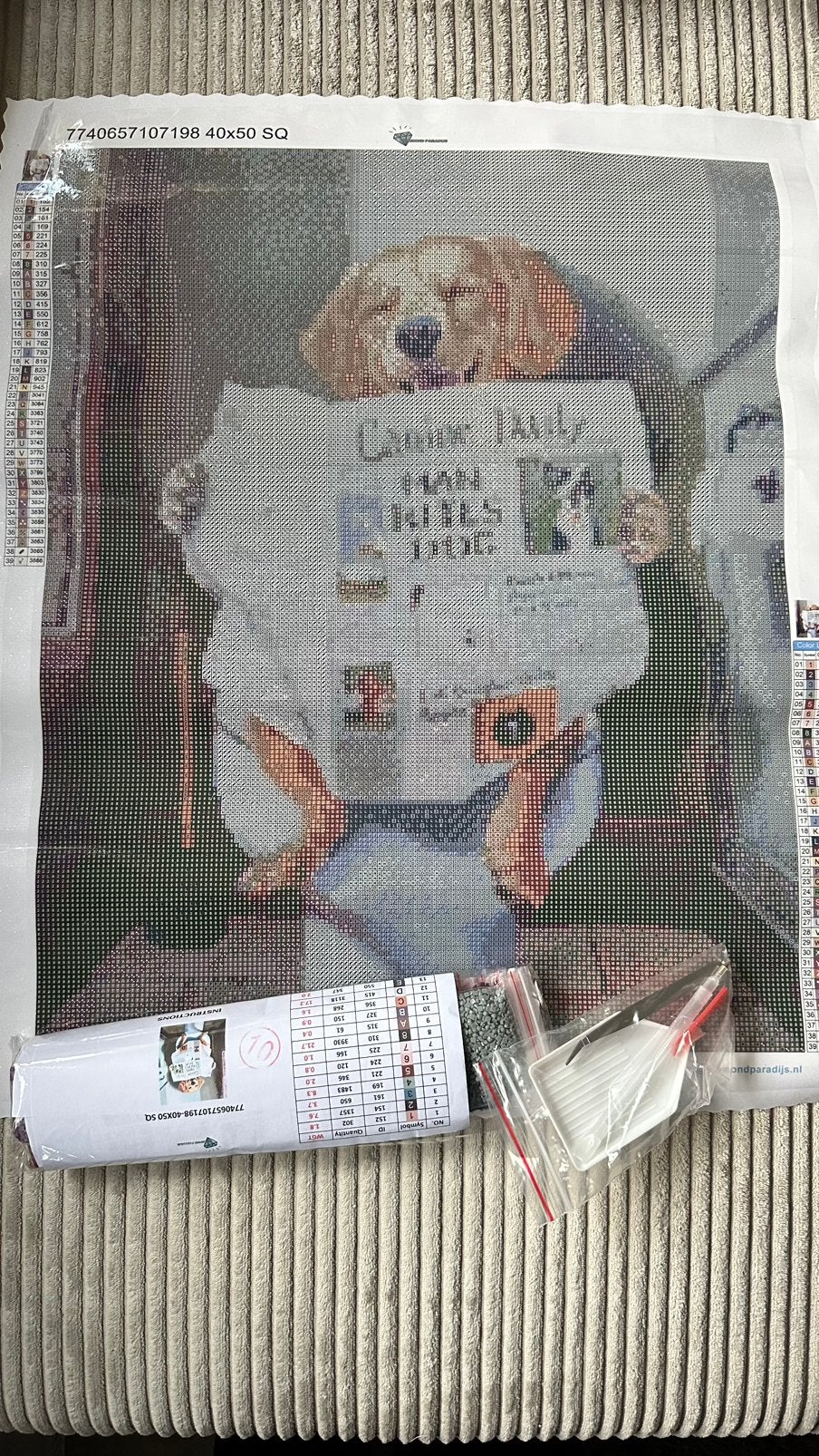 Diamond Painting, hond met krant, 40x50cm, Zelfklevend, Nieuw, Meerkleurig, Ophalen of Verzenden
