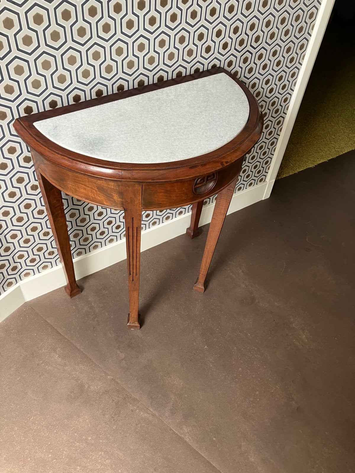 Half ronde tafel met marmeren blad - 70x39x75 cm, Gebruikt, Overige vormen, 60 cm of meer, Hout