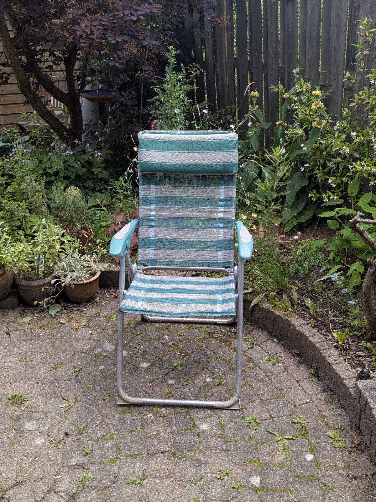 2x Verstelbare Campingstoelen - Groen/Wit gestreept, Tuin en Terras, Tuinstoelen, Ophalen, Gebruikt, Kunststof, Inklapbaar