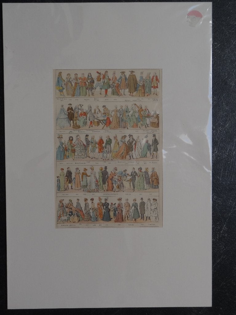 Kleurrijke litho mannen en vrouwen mode van 1663 - 1905, Antiek en Kunst, Kunst | Litho's en Zeefdrukken, Origineel, Verzenden