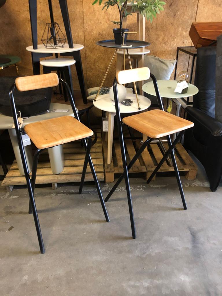 2 Inklapbare Barkrukken Hout en Metaal - Zithoogte 74cm, Huis en Inrichting, Barkrukken, Ophalen, Gebruikt, 60 tot 90 cm, Hout